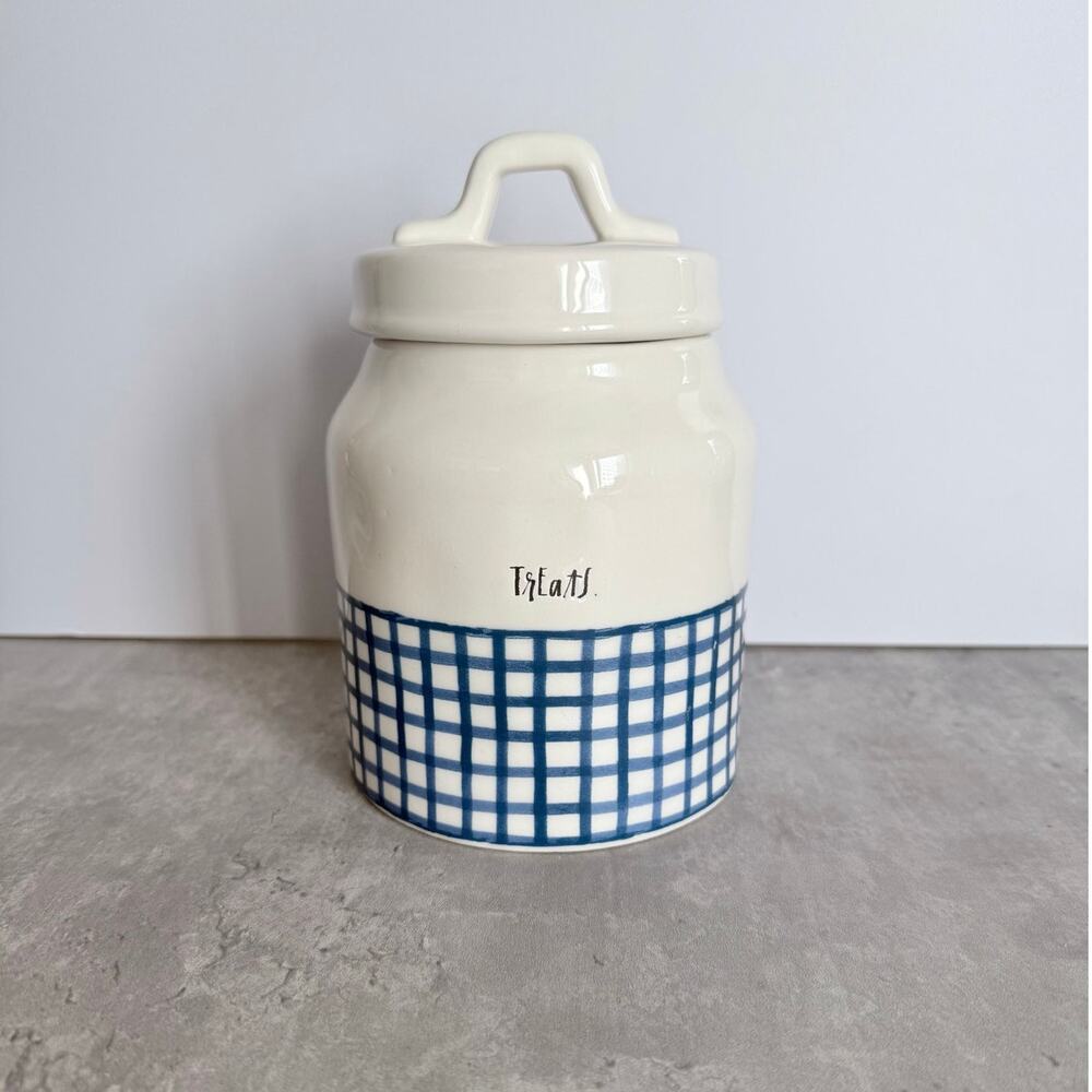 Rae Dunn Treats Canister Jar Lid Cream Blue Gingham Plaid Check Farmhouse Rustic